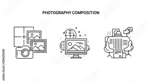 Minimalist black and white illustration showing a guitar neck with a wrench and string roll, representing instrument repair, beside two blank rectangular boxes.