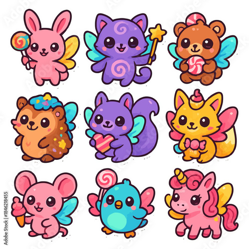 Cute fantasy creatures: cartoon animals with wings and magical accessories.