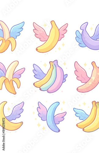 Colorful winged bananas in pastel shades with stars on white background.