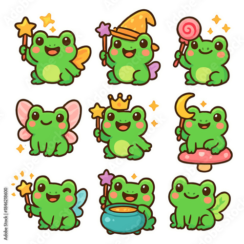 Cute frog characters in various magical costumes and accessories.