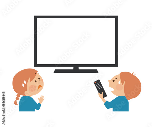 テレビ画面を見て驚く子供たち　イラスト素材