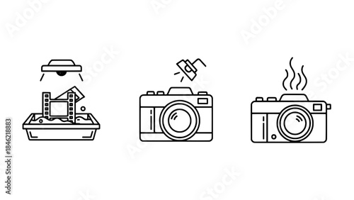 Minimalist black and white illustration showing a guitar neck with a wrench and string roll, representing instrument repair, beside two blank rectangular boxes.