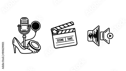 Three black and white line art vector icons isolated on a white background, depicting filmmaking and audio production objects: a microphone with a high heel shoe, a clapperboard, and a speaker with a 