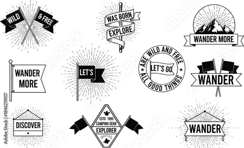 Collection of vintage-inspired adventure and exploration badges featuring motivational travel phrases and outdoor symbols, perfect for enthusiastic wanderers and lifestyle branding