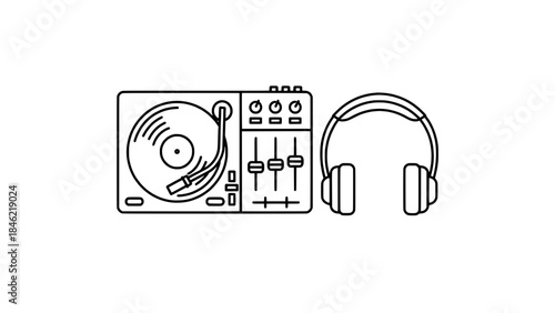 Minimalist black outline vector illustration of a DJ setup, featuring a turntable with a vinyl record and a sound mixer, alongside a pair of over-ear headphones on a clean white background.