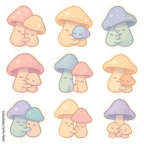 Cute cartoon mushroom couples embracing with happy expressions.