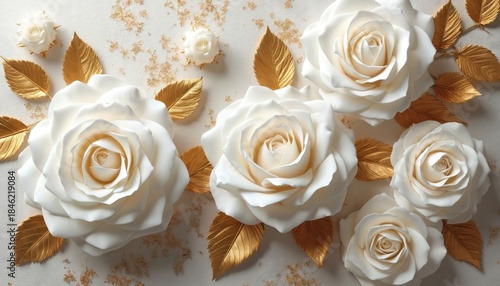 Elegant white roses with gold leaves arranged on textured background. Delicate petals, shimmering leaves create luxurious floral design suitable for special occasions like weddings sophisticated