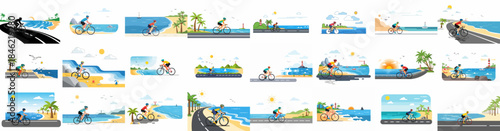 Cyclists Riding Scenic Coastal Roads and Beaches Collection. Set of Illustrations Depicting Bicycle Touring and Road Cycling in Tropical Summer Landscapes with Ocean Views.