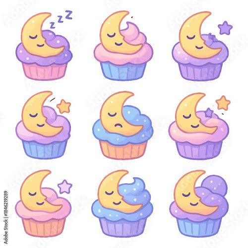Cute moon and star cupcakes with pastel colors and sleeping expressions.