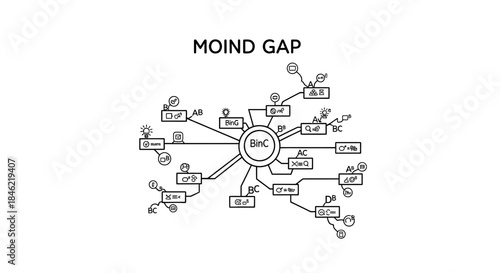 Mind gap concept with complex flowchart and BinC central node