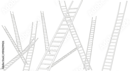 Multiple ladders in various positions on white background