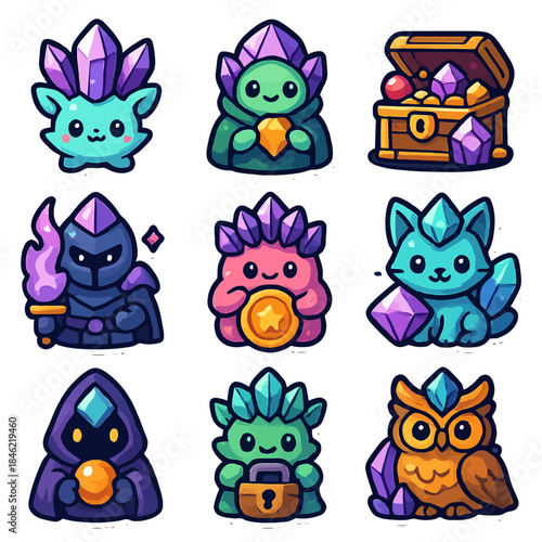 Whimsical fantasy creatures with crystals and treasures in cartoon style.