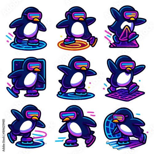 Cartoon penguins with neon visors and futuristic elements.