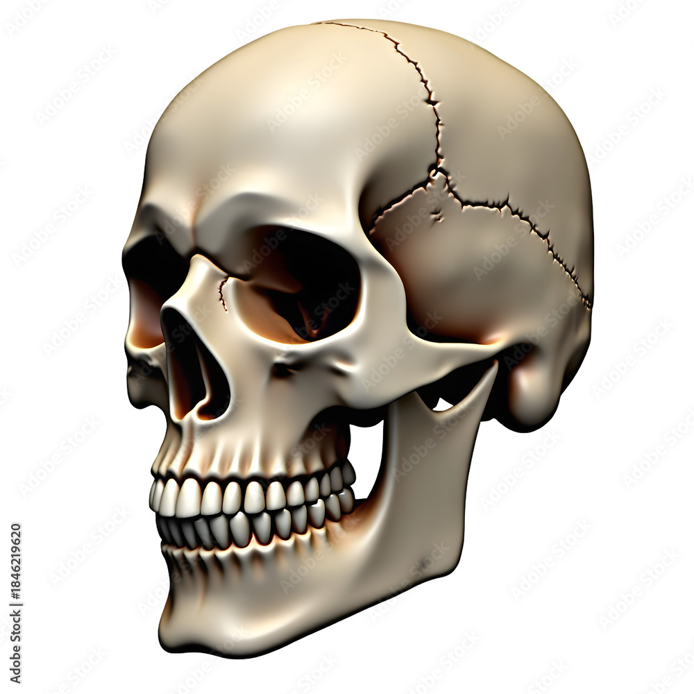 Obraz premium Realistic 3d rendering of a human skull in profile view, isolated on transparent background