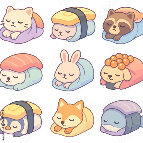 Cute animal sushi plushies in various adorable sleeping poses.
