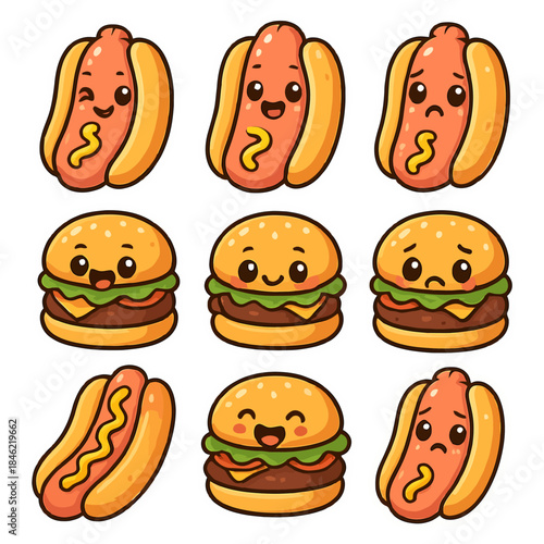 Cartoon hotdogs and burgers with various facial expressions.