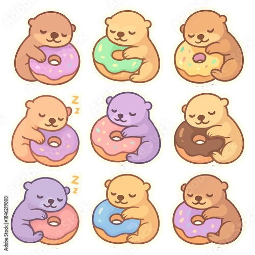 Adorable cartoon otters hugging colorful donuts in cute pattern design.