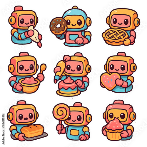 Cute robots baking desserts with donuts, cakes, and pies.