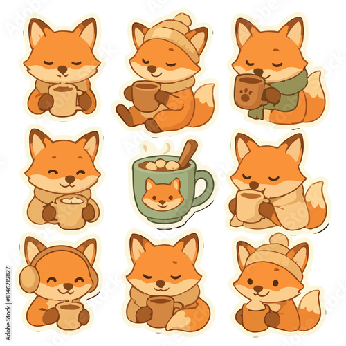 Cute fox characters enjoying warm beverages in cozy winter outfits.