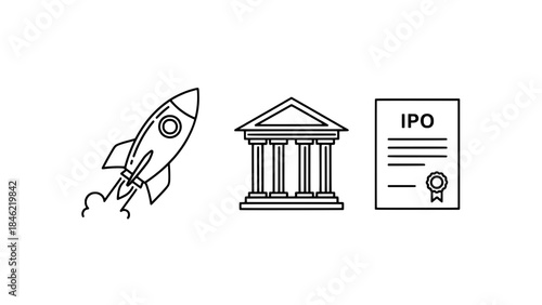 Startup launch and IPO concept icons: rocket takeoff, classical government building, and IPO certificate