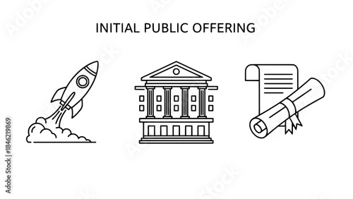 Initial Public Offering concept: rocket launch, classical bank/government building, and rolled diploma icon in black-and-white vector line art