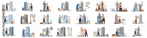 Vector set of sculptors carving stone statues and busts, illustrating the process of artistic craftsmanship, stonework, and fine art creation with various tools.
