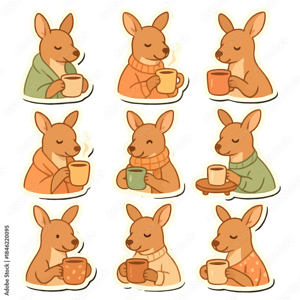 Obraz premium Cute cartoon kangaroos relaxing with warm beverages.