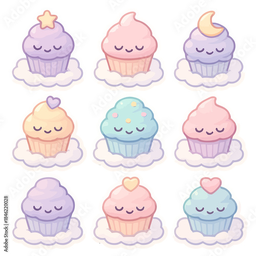 Cute kawaii cupcakes with sweet faces on fluffy clouds in pastel colors.