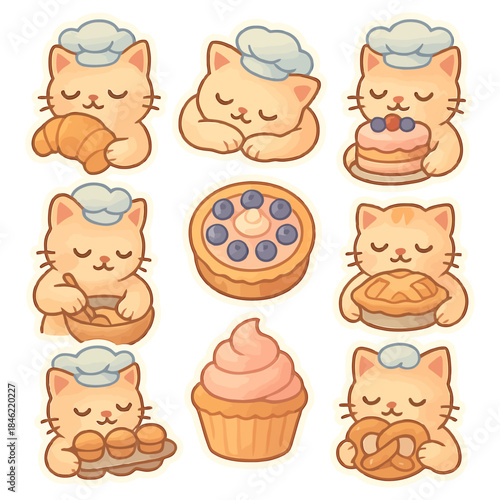 Cute cartoon cats baking pastries and sweets with chef hats.