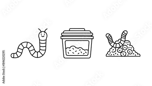 Line art icons: worm, takeout cup, and maggot pile – vector outline illustration