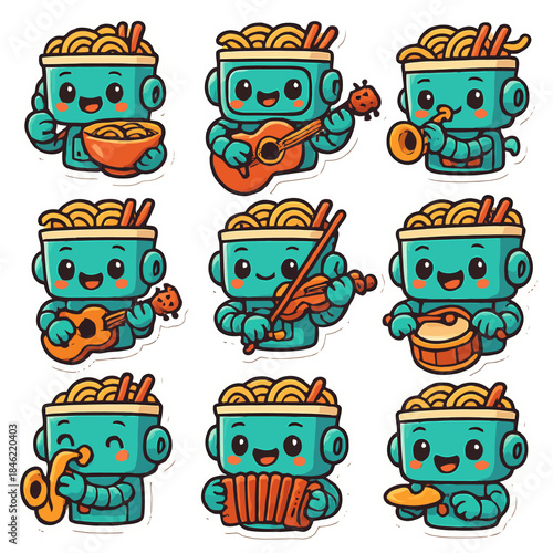 Cute robot characters playing music with various instruments.