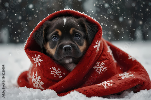 A puppy wrapped in a red Christmas blanket with snowflakes falling around