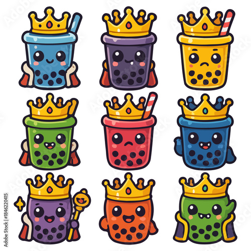 Colorful cartoon bubble tea characters with crowns and expressive faces.