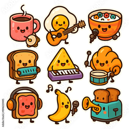 Cute cartoon breakfast characters playing musical instruments.