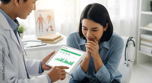 Doctor showing patient positive health tracking results on tablet in medical office