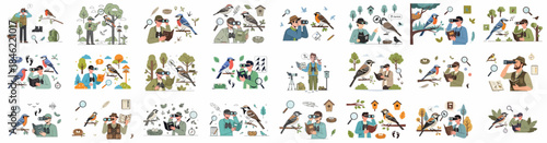 Comprehensive set of birdwatching vector illustrations, featuring birders observing wild species, studying field guides, using binoculars, and interacting with nature and wildlife.