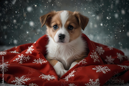 A puppy wrapped in a red Christmas blanket with snowflakes falling around