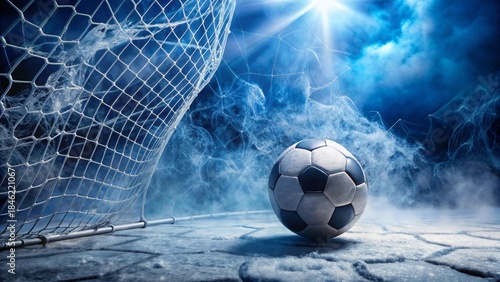 Frozen Field Goal A Soccer Ball Rests Near a Goal Net Draped in Icy Frost on a Frigid Playing Surface