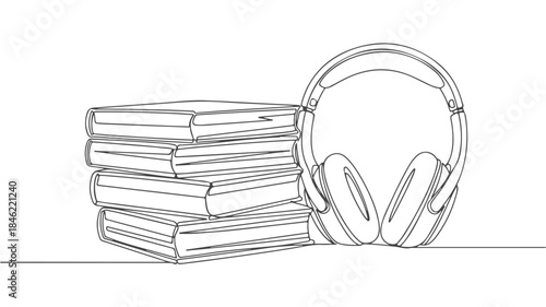 A minimalist line drawing depicts a stack of books next to a pair of headphones, symbolizing the connection between reading and listening.