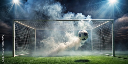 Dramatic Soccer Goal Ball Entering Net Amidst Smoky Atmosphere Under Bright Stadium Lights