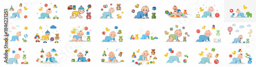 Collection of cute crawling babies playing with colorful educational toys like blocks, teddy bears, and rubber ducks, symbolizing early development.