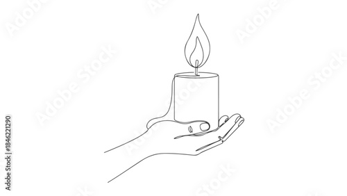 A single continuous line drawing of a hand holding a lit candle with a flame.