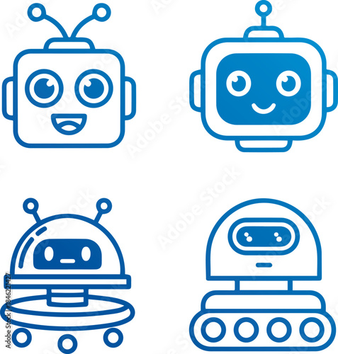 Cute Friendly Robot Characters Icon Set: AI, Technology & Future Concepts