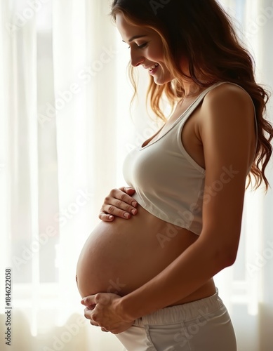 Free Download Smiling woman holds pregnant belly. Expecting mother touches tummy, anticipates new life. Happy expectant parent waits for baby arrival. Anticipation of motherhood. - GFXLoad