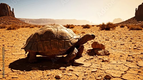 Ancient tortoise ambles across sun-baked desert sands with iconic rock formations in background