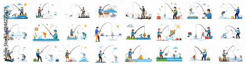 Vector illustration set of fishermen catching fish in various outdoor locations: lakeside, river, boat, and dock, representing the hobby and sport of fishing.