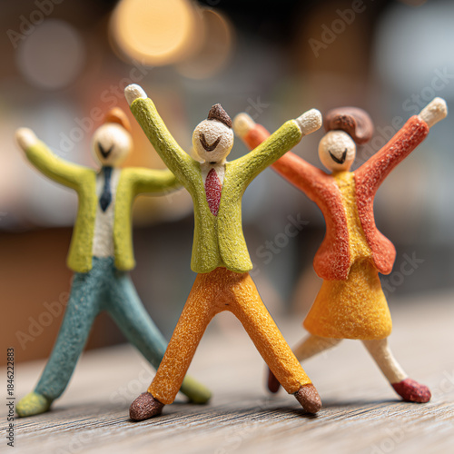 Three people are standing on a table, one of them is wearing a tie. They are all smiling and seem to be celebrating something