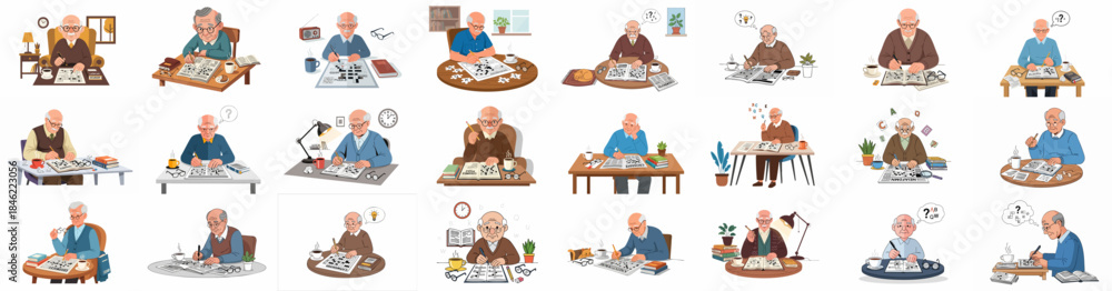 Fototapeta premium Elderly man solving crossword puzzles set. Illustrations depicting senior intellectual hobbies, brain training, aging, and retired life activities.
