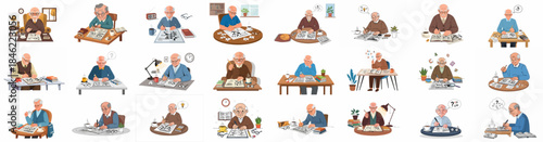 Elderly man solving crossword puzzles set. Illustrations depicting senior intellectual hobbies, brain training, aging, and retired life activities.