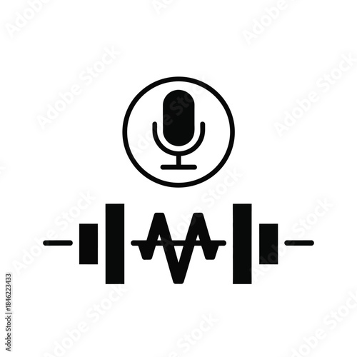 Digital voice assistant command vector icon showing a microphone and an audio equalizer waveform for speech recognition technology.